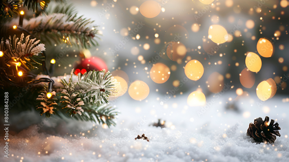Christmas winter background with snow and blurred bokeh .Merry  christmas and happy new year greeting card ai generative