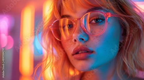 Woman in colorful neon lights wearing glasses