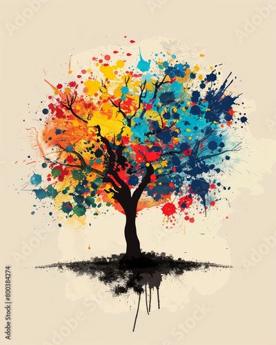 Silhouette of a tree with colorful abstract splatters falling like leaves, combining natural elements with vibrant artistic techniques