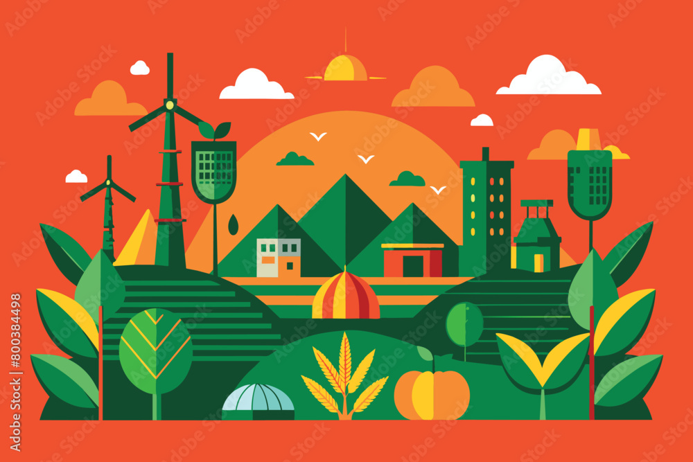A colorful drawing of a city with a green hill in the background A colorful drawing of a city with a green hill in the background