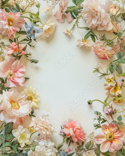 Soft floral border framing a celebratory invitation  pastel flowers delicately arranged to evoke a sense of joyful elegance