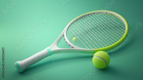 A 3D vector illustration of a tennis racket with a ball, symbolizing sport and game competition concepts. © Elchin Abilov