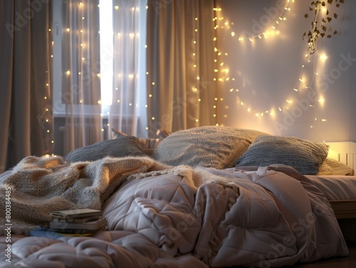 A photorealistic image of a cozy bedroom with fairy lights strung across the wall, a fluffy duvet on the bed, and a stack of pillows inviting relaxation   photo