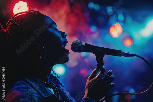 photo of a passionate singer performing on stage, with a microphone in hand and powerful vocals.