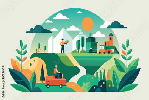 A man is riding a lawn mower in a lush green field