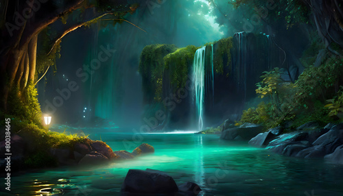 Beautiful small waterfall with tropical forest background, capturing the essence on digital art concept, Generative AI.