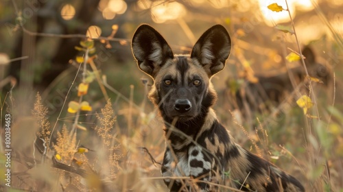 Mesmerizing image of wild dog's intense gaze through the grass with a gentle sunset backlight