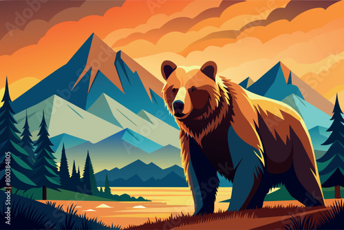 A bear stands in front of a mountain range photo