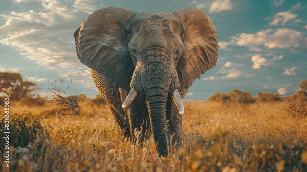Fototapeta premium A tranquil yet powerful elephant in a field, its ears flared, basked in the ethereal golden light of the setting sun