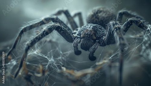 A photorealistic image of a spider delicately weaving its web, highlighting the tiny hairs and movements of its legs   photo