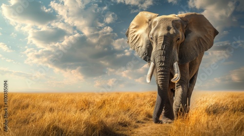 An African elephant strolls through the sunlit, golden grasses of the Savannah, showcasing the beauty of wildlife and nature