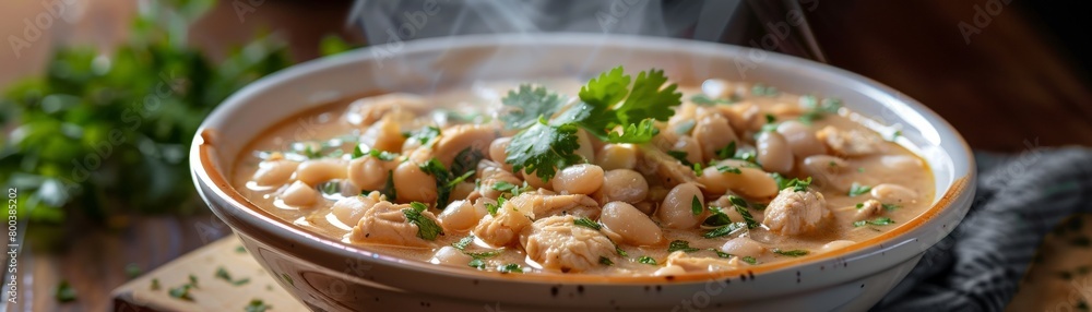 A photorealistic image of a steaming bowl of white chili Large white beans, chunks of chicken, and a creamy broth create a comforting winter dish A sprig of fresh cilantro adds a touch of green A photorealistic image of a steaming bowl of white chili Large white beans, chunks of chicken, and a creamy broth create a comforting winter dish A sprig of fresh cilantro adds a touch of green
