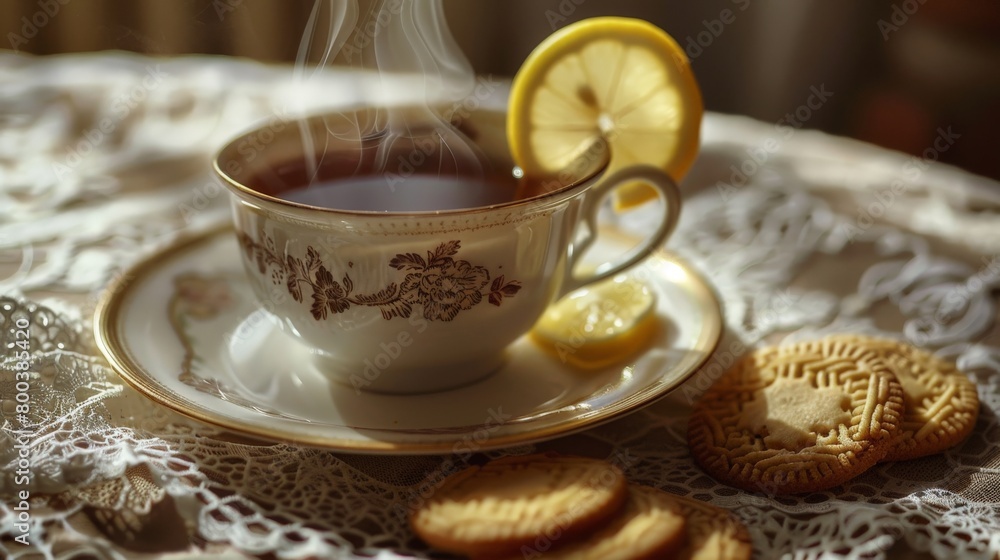 Fototapeta premium A photorealistic image of a steaming cup of tea with a slice of lemon and a plate of freshly baked cookies on a lace tablecloth 