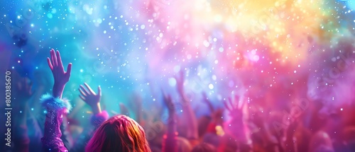 Closeup of a crowd at a rock concert, hands raised high, with vibrant stage lights casting colorful glows on their faces photo