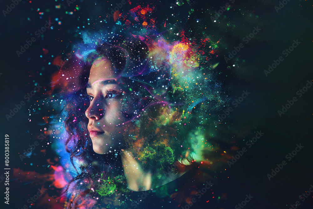 Abstract female dream, decorated with harmony and endless colors of stars against the sky. Beautiful girl of imagination.