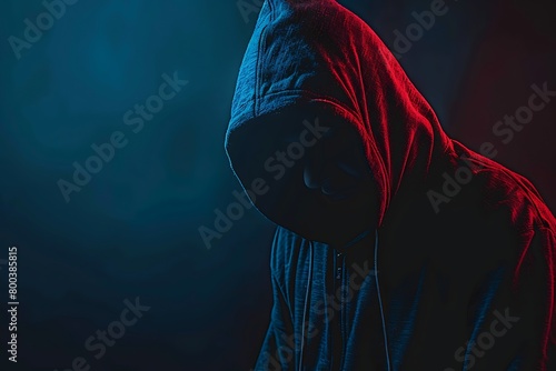 Portrait of computer hacker in hoodie. Obscured dark face. Data thief, internet fraud, darknet and cyber security concept. . photo