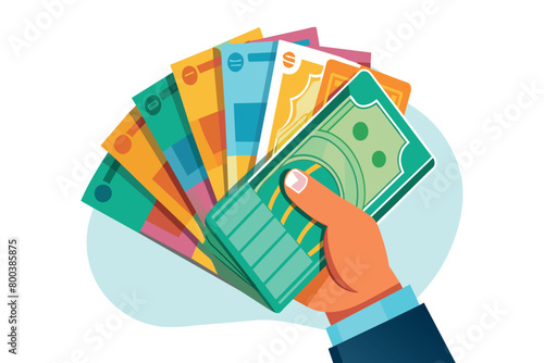 A hand holding a bunch of different colored bills