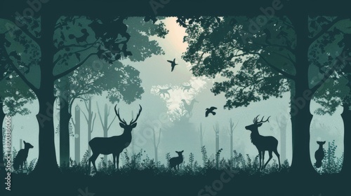 Illustrated forest scene with deer and birds set against a twilight sky  evoking feelings of calm and wonder