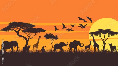 An illustration with the stunning silhouette of African animals like elephants and giraffes against a vibrant sunset backdrop
