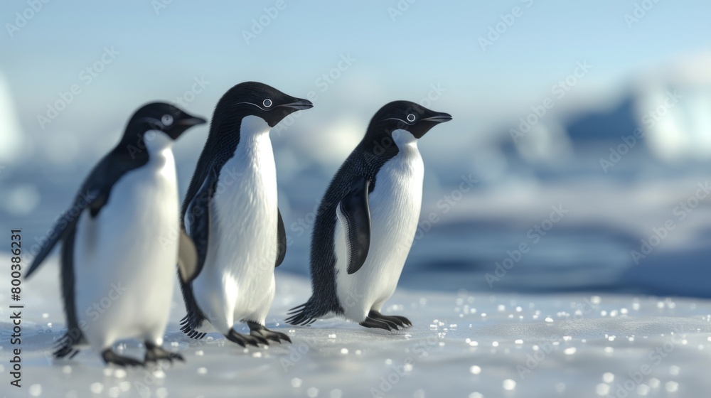 Fototapeta premium Capturing a scenic moment, this image shows a trio of Adelie penguins walking in line on the sparkling icy surface of Antarctica