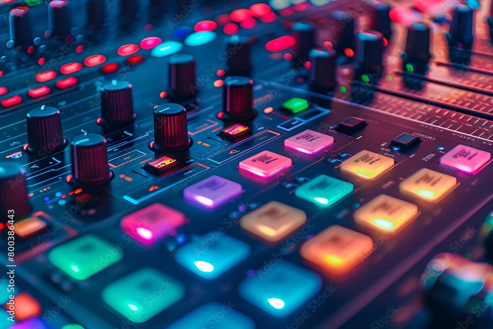 Professional Sound Mixer. Close-up view of colorful control buttons for sound adjusting in a recording studio. Sound equipment. Music record service .