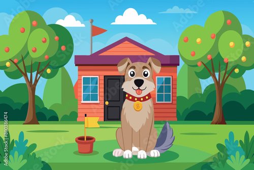 A cartoon dog is sitting in front of a house with a flagpole