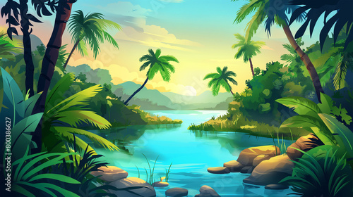 Cartoon tropical jungle forest swamp or lake landscape isolation background  Illustration