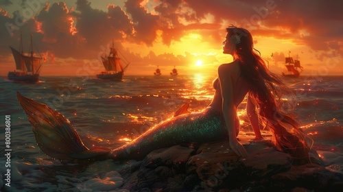 Ethereal Mermaid at Sunset, generative ai
