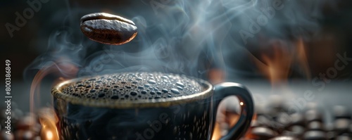 A steaming cup of black coffee with a single, bitter looking bean floating on top, conveying a sense of harsh reality or a bitter truth  photo