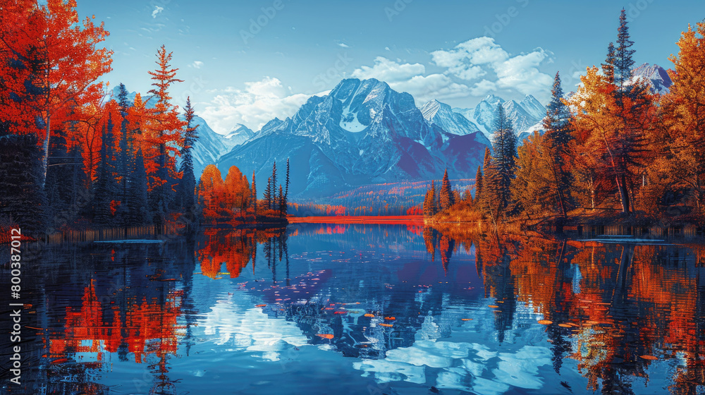 Naklejka premium A beautiful landscape with a lake, mountains and colorful trees in the fall season.