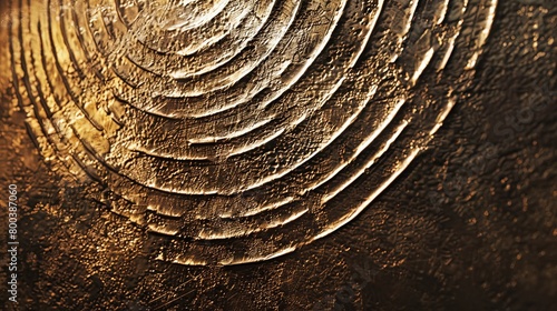 A concentric circle pattern etched into a polished bronze surface, reflecting a warm golden light   photo
