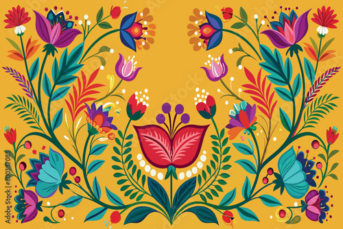 A colorful floral design on a yellow background