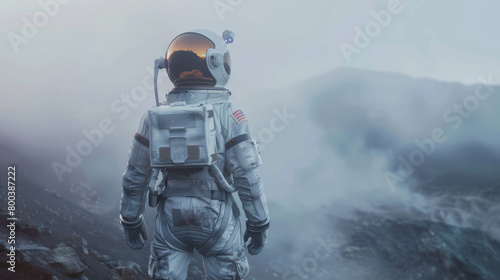 Courageous Astronaut in the Space Suit Explores Mysterious Alien Planet Covered in Mist. Adventure. Space Travel, Habitable World and Colonization Concept.
