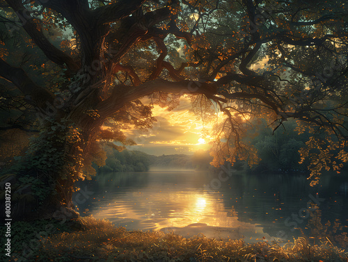 A tree with hanging branches over a calm lake during sunset.