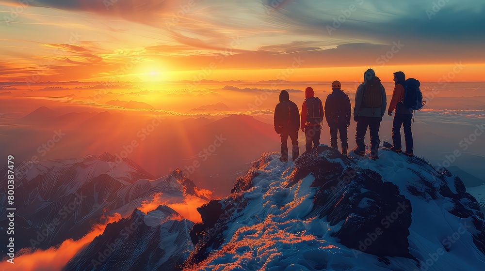 A group of people enjoying the view from a snowcovered mountain top
