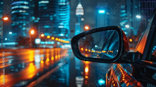 A close-up of a rearview mirror in a car speeding through a modern metropolis at night, surrounded by skyscrapers. © Elchin Abilov