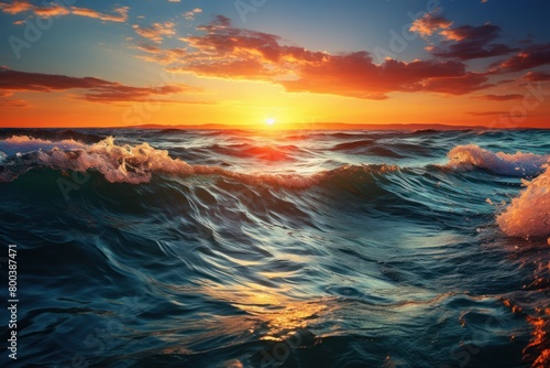 A vibrant sunset casting warm colors over the ocean waves