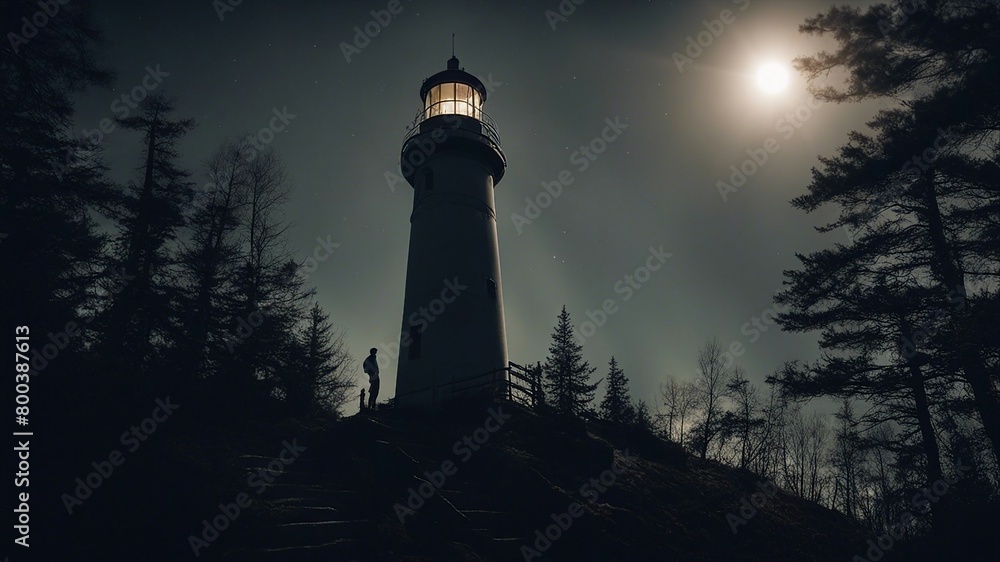 lighthouse at night A scary lighthouse in a dark forest, with  , trees, and a moon. The lighthouse is made of wood 