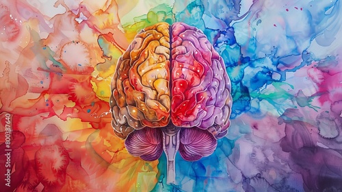 A vibrant watercolor painting of a brain with each lobe depicted in a different color, showcasing the brains functional specialization  photo