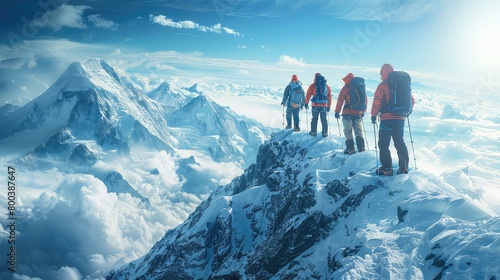 A group of people enjoying the view from a snowcovered mountain top photo
