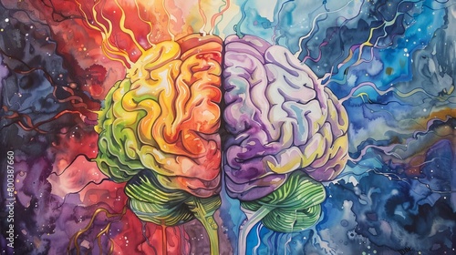 A vibrant watercolor painting of a brain with each lobe depicted in a different color, showcasing the brains functional specialization  photo