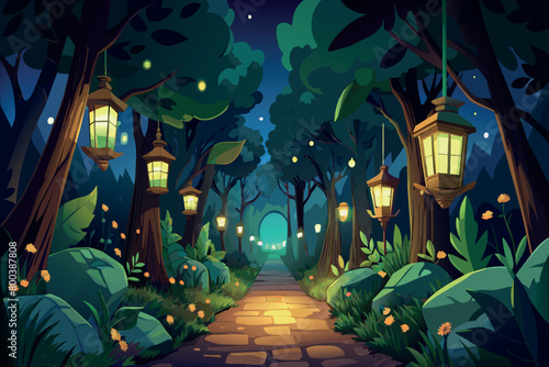 A dark forest with a path lit by lanterns