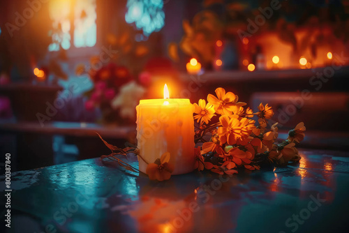 Experience a serene moment of reflection at a vintage funeral home, where flickering candlelight sets a tranquil atmosphere for quiet contemplation and somber remembrance.
