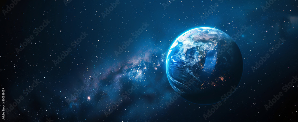 Obraz premium Planet Earth in stunning detail against the backdrop of a star-studded night sky and the Milky Way., Copyspace