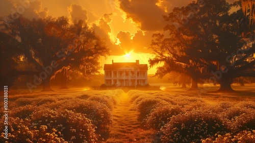 Vintage Southern Estate: Cotton Fields and Sunset, generative ai photo