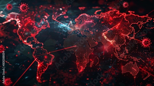 A world map with red hotspots highlighting areas affected by a viral outbreak, emphasizing the global impact of pandemics 