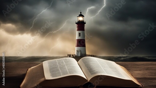 book on the beach A big storm  on top of the pages of a Bible with a bright lighthouse 