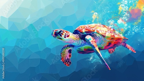 A colorful turtle is illustrated floating underwater in a geometric blue water ocean setting.