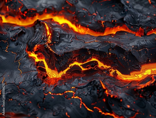 Molten metal, glowing orange and red, with rivulets flowing across a dark, textured background 
