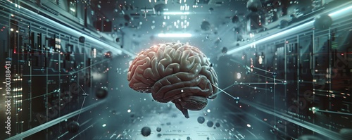 A 3D rendered brain floating in space, connected to various technological components, symbolizing the future of brain computer interfaces   photo